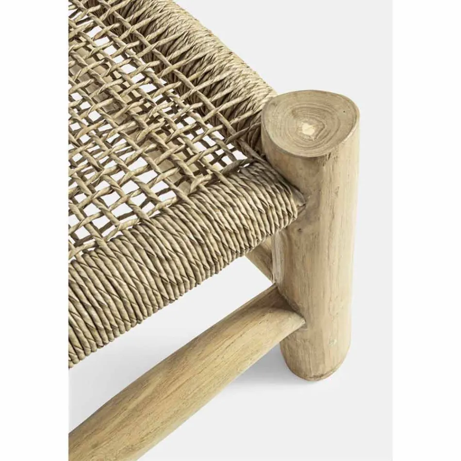 Chaise longue d'extérieur en branches de teck et tissage de fibres synthétiques - Tecno Viadurini