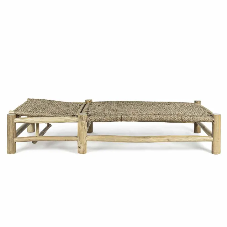 Chaise longue d'extérieur en branches de teck et tissage de fibres synthétiques - Tecno Viadurini