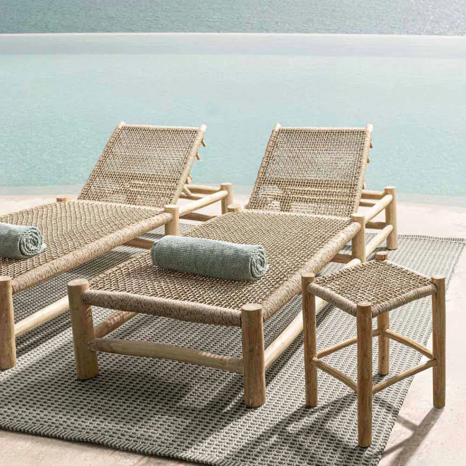 Chaise longue d'extérieur en branches de teck et tissage de fibres synthétiques - Tecno Viadurini