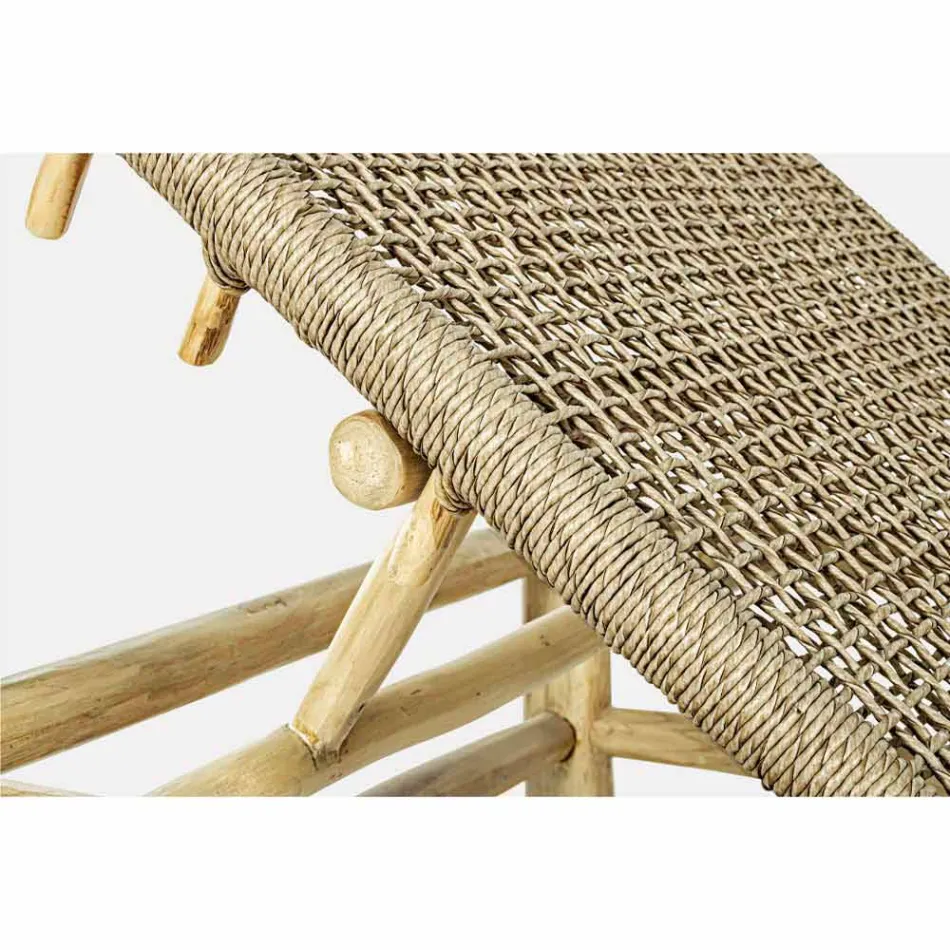 Chaise longue d'extérieur en branches de teck et tissage de fibres synthétiques - Tecno Viadurini