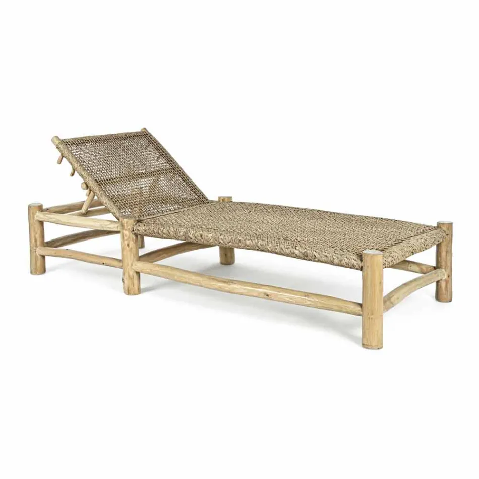 Chaise longue d'extérieur en branches de teck et tissage de fibres synthétiques - Tecno Viadurini