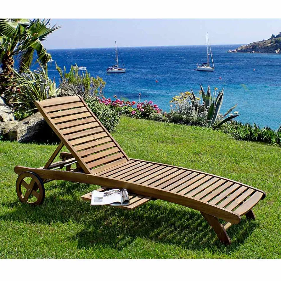 Chaise longue de jardin en bois avec roulettes design pour extérieur - Roxen Viadurini