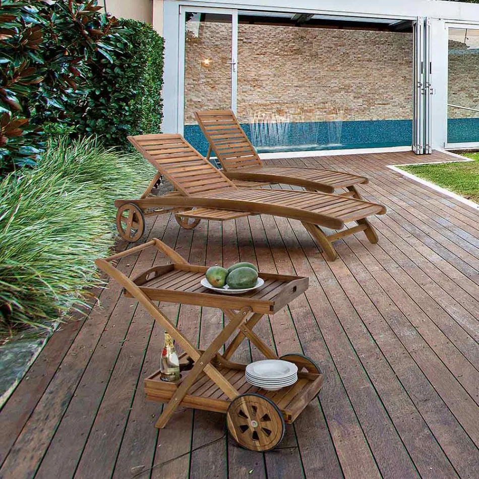 Chaise longue de jardin en bois avec roulettes design pour extérieur - Roxen Viadurini