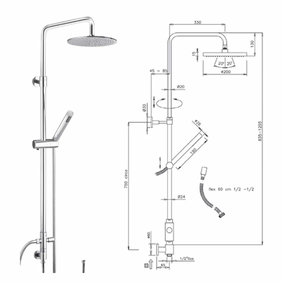 Colonne de douche à section ronde en laiton avec douchette à main Made in Italy - Amadeo Viadurini