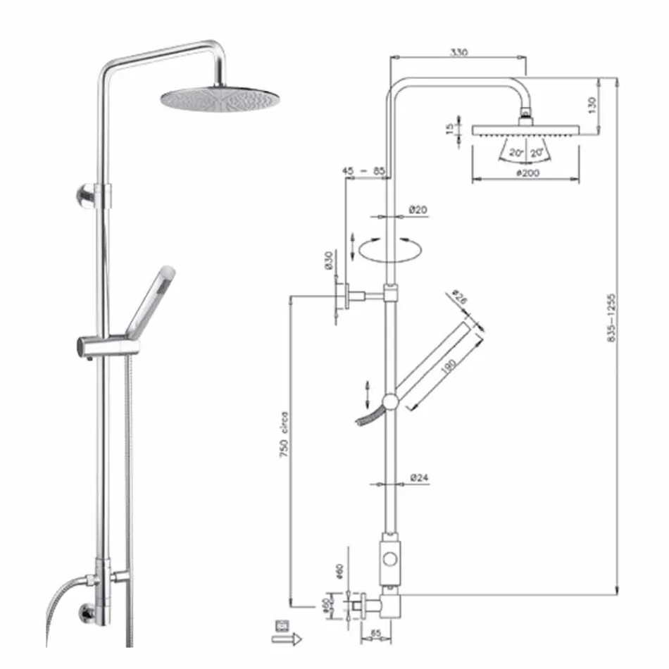 Colonne de douche à section ronde en laiton avec douchette à main Made in Italy - Amadeo Viadurini