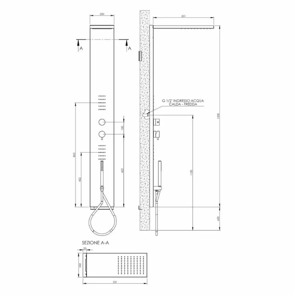 Colonne de douche en acier avec pomme de douche pluie Made in Italy - Sailor Viadurini