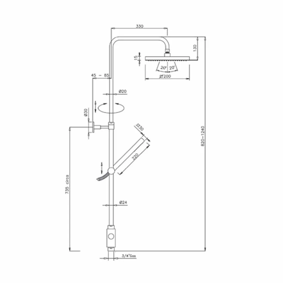 Colonne de douche en laiton avec pomme de douche et douchette à main en ABS Made in Italy - Lesio Viadurini