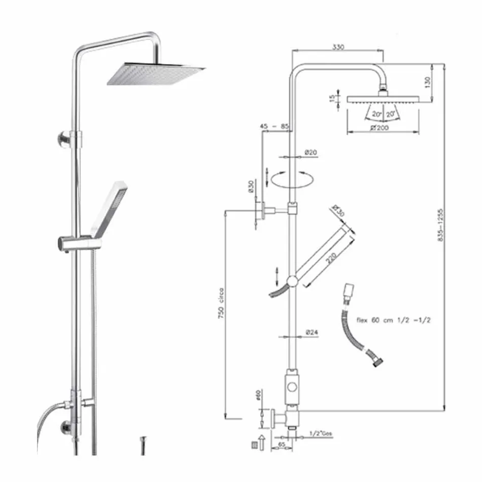 Colonne de douche en laiton avec pomme de douche et douchette à main en ABS Made in Italy - Lesio Viadurini