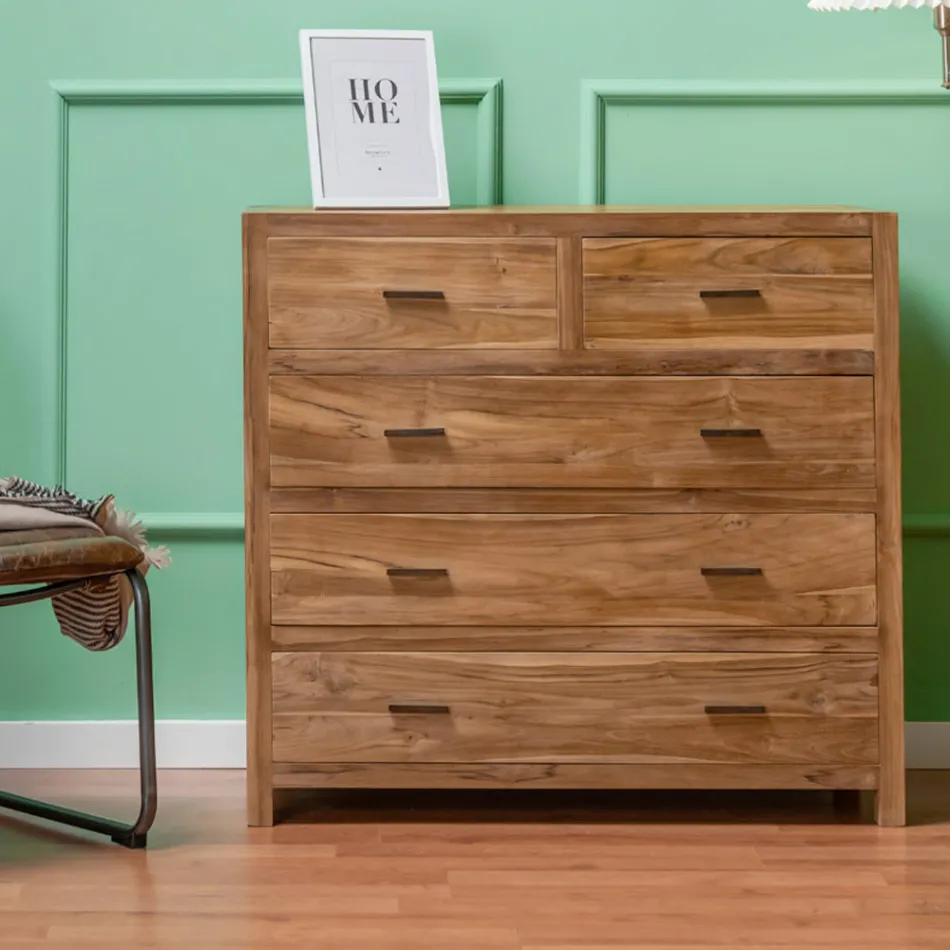 Commode en teck massif à 5 tiroirs - Tang Viadurini