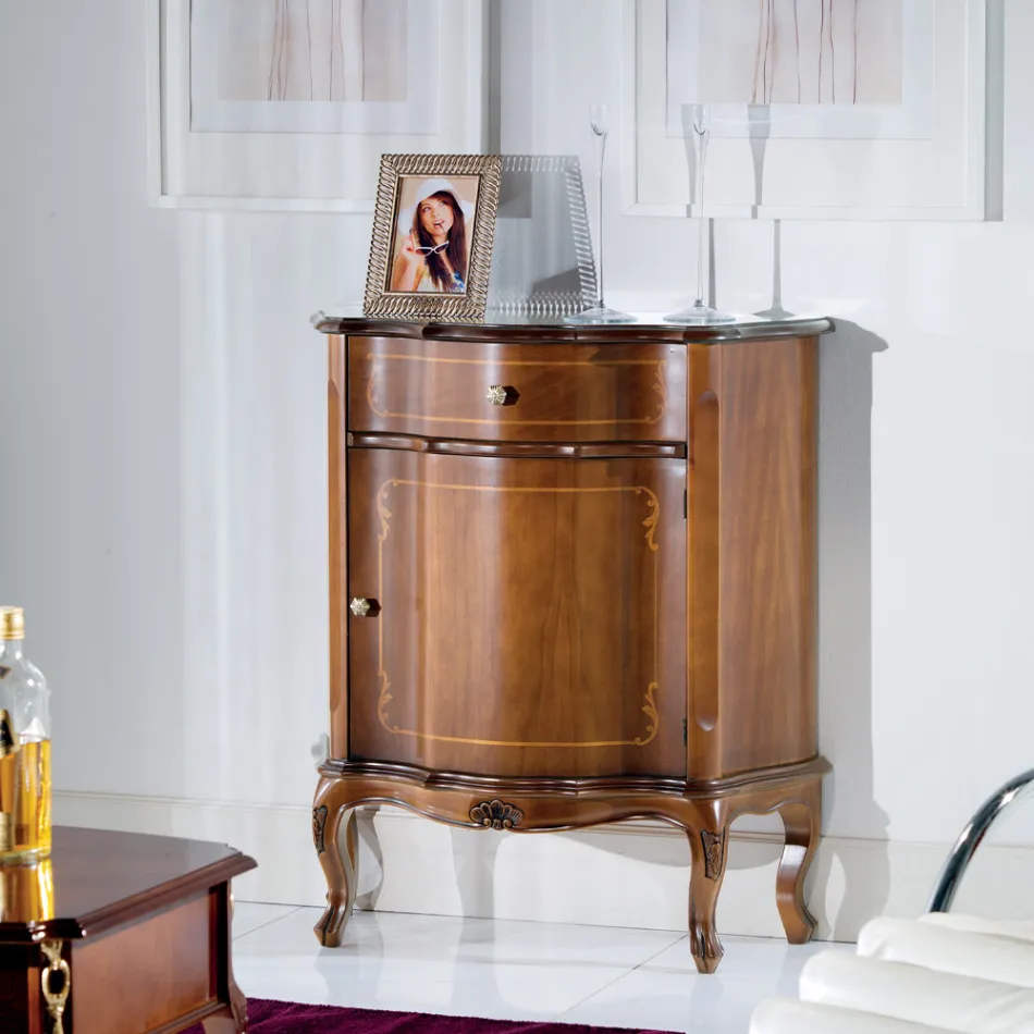 Table de chevet classique porte et tiroir en bois marqueté Made in Italy - Leonor Viadurini