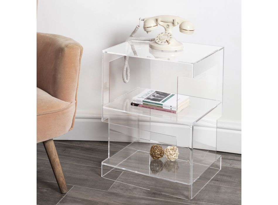 Table de chevet design moderne en cristal acrylique transparent avec étagère - Icaria Viadurini
