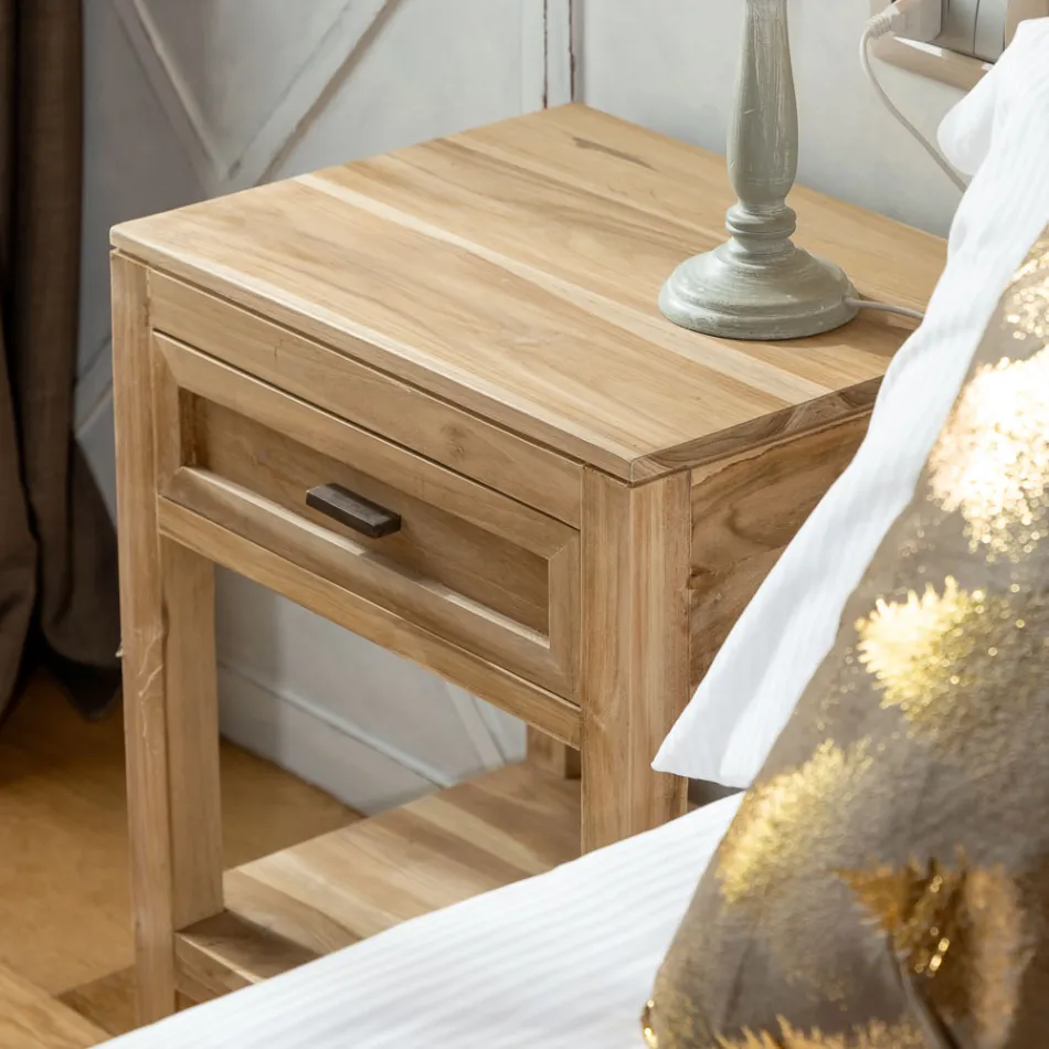 Table de chevet en teck massif avec 1 tiroir - Penca Viadurini