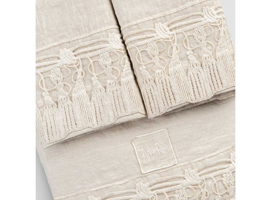 Ensemble de draps double en lin clair avec dentelle à pompons - Filippus Viadurini