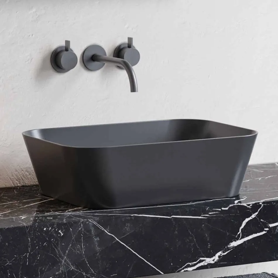 Composition 3 Meubles de Salle de Bain en Gres et Lavabo en Vetrochina 3 Couleurs - Ramentina Viadurini