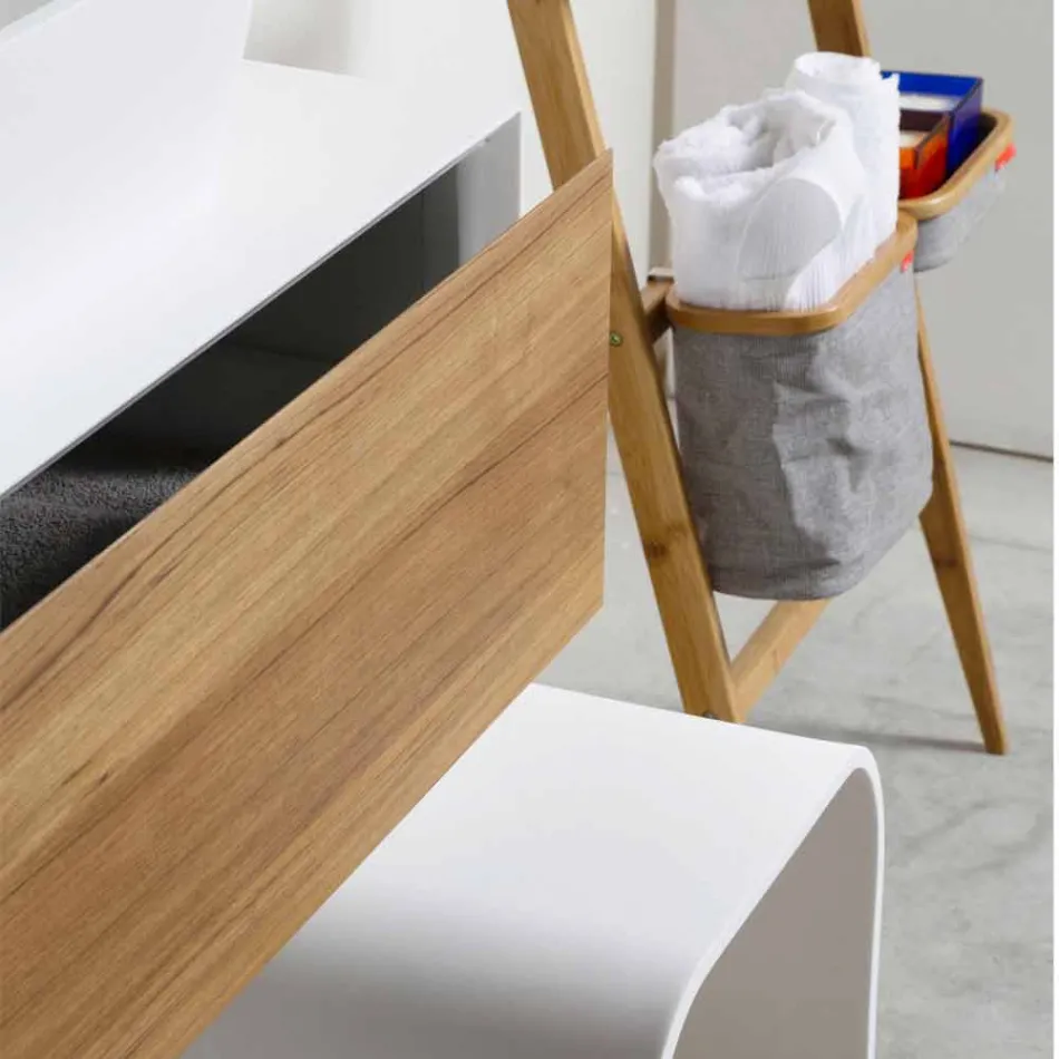 Composition 3 Meubles de Salle de Bain en Teck et Hi Macs® - Talc Viadurini