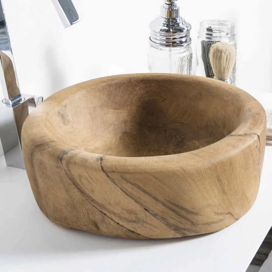 Composition 3 Meubles de Salle de Bain en Teck et Hi Macs® - Talc Viadurini