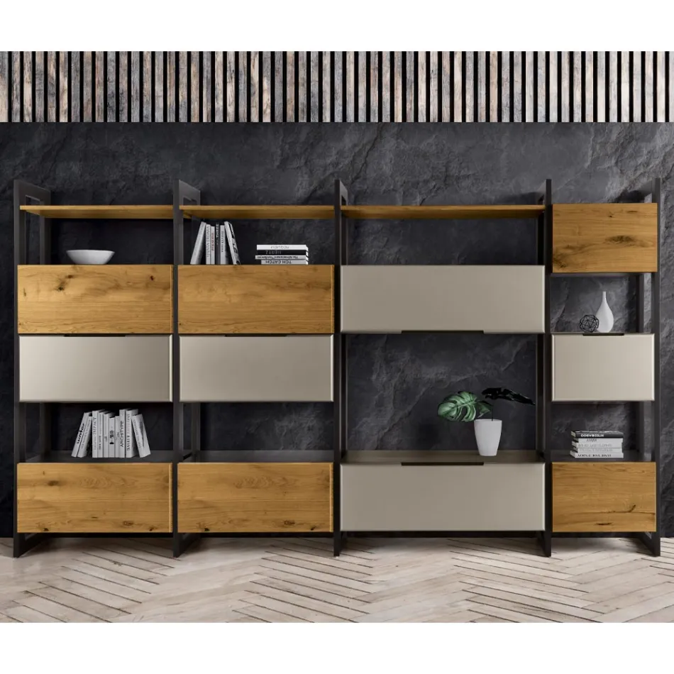 Composition murale en MDF et panneaux lattés plaqués chêne Made in Italy - Marit Viadurini