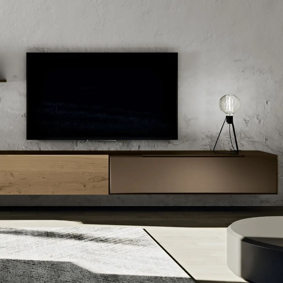 Composition murale moderne en finition chêne noué nordique et fer - Iselin Viadurini