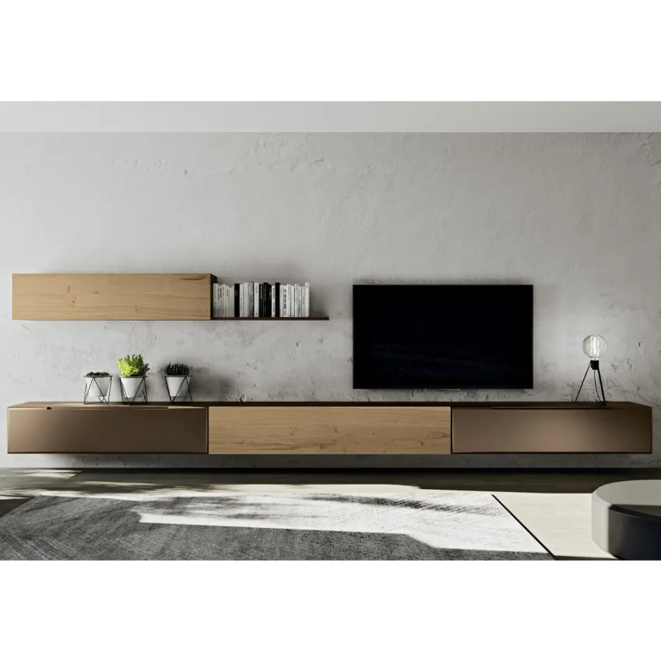 Composition murale moderne en finition chêne noué nordique et fer - Iselin Viadurini