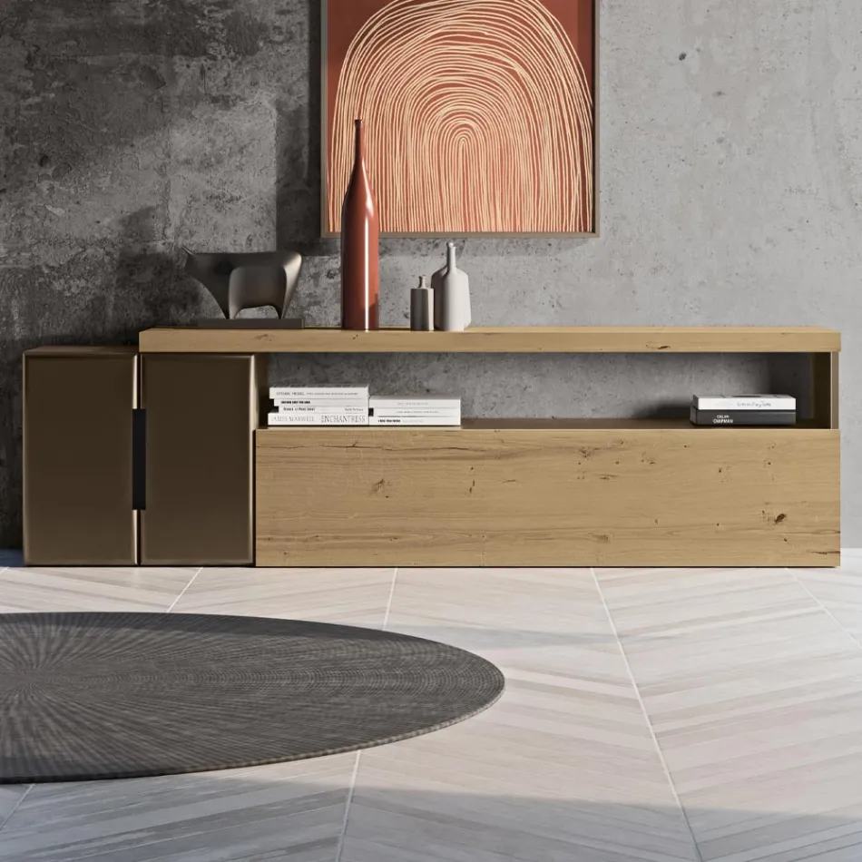 Composition murale moderne en finition chêne noué nordique et fer - Siri Viadurini