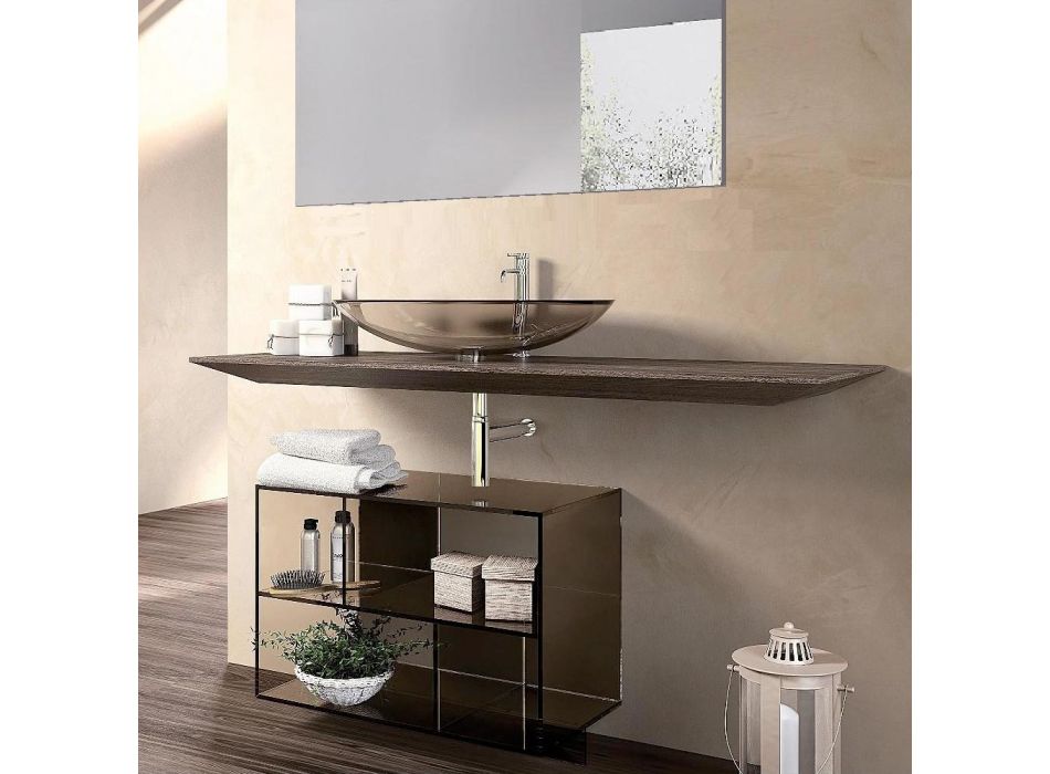 Composition de mobilier de salle de bain design en bois, cristal bronzé et miroir - Tons Viadurini