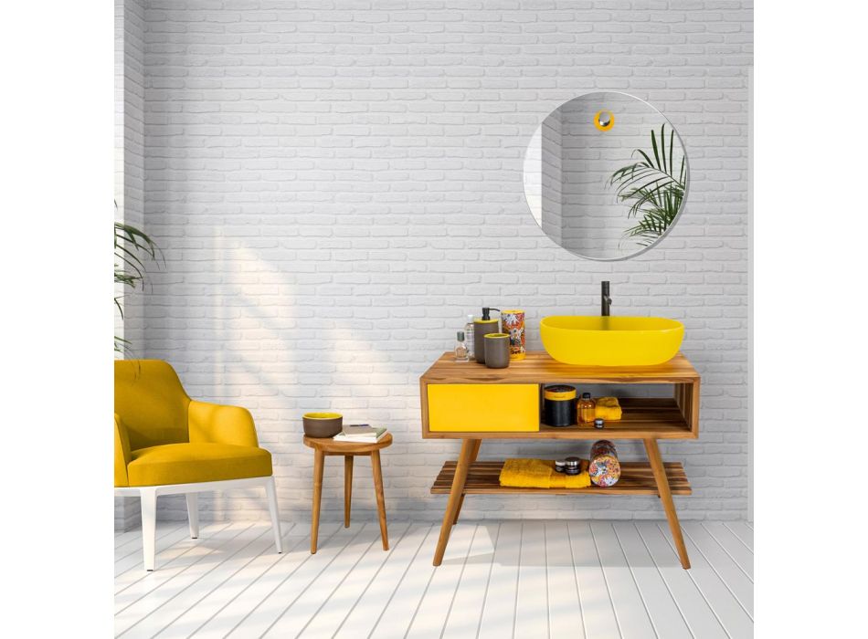 Composition meuble salle de bain jaune avec accessoires colorés - Sylviane Viadurini