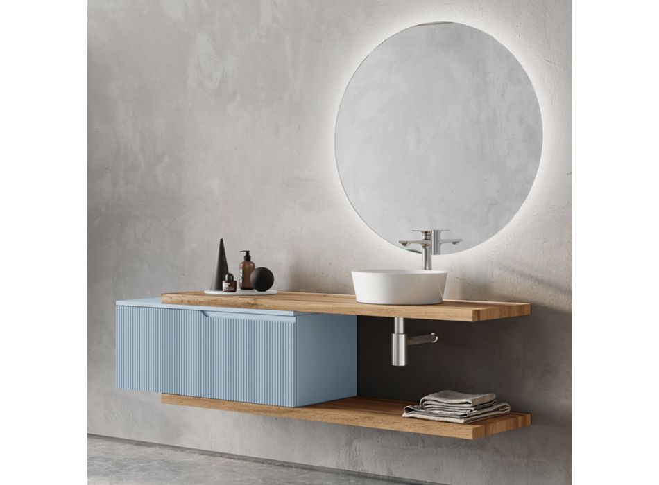 Composition de salle de bain Tiffany bleu et chêne avec miroir Made in Italy - Ermes Viadurini