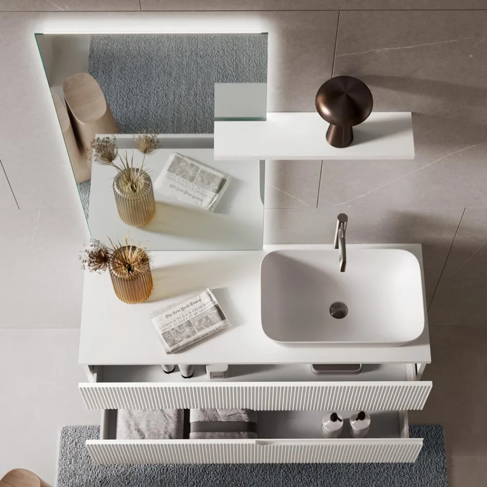 Composition de salle de bain blanche avec miroir et étagère Made in Italy - Ares Viadurini