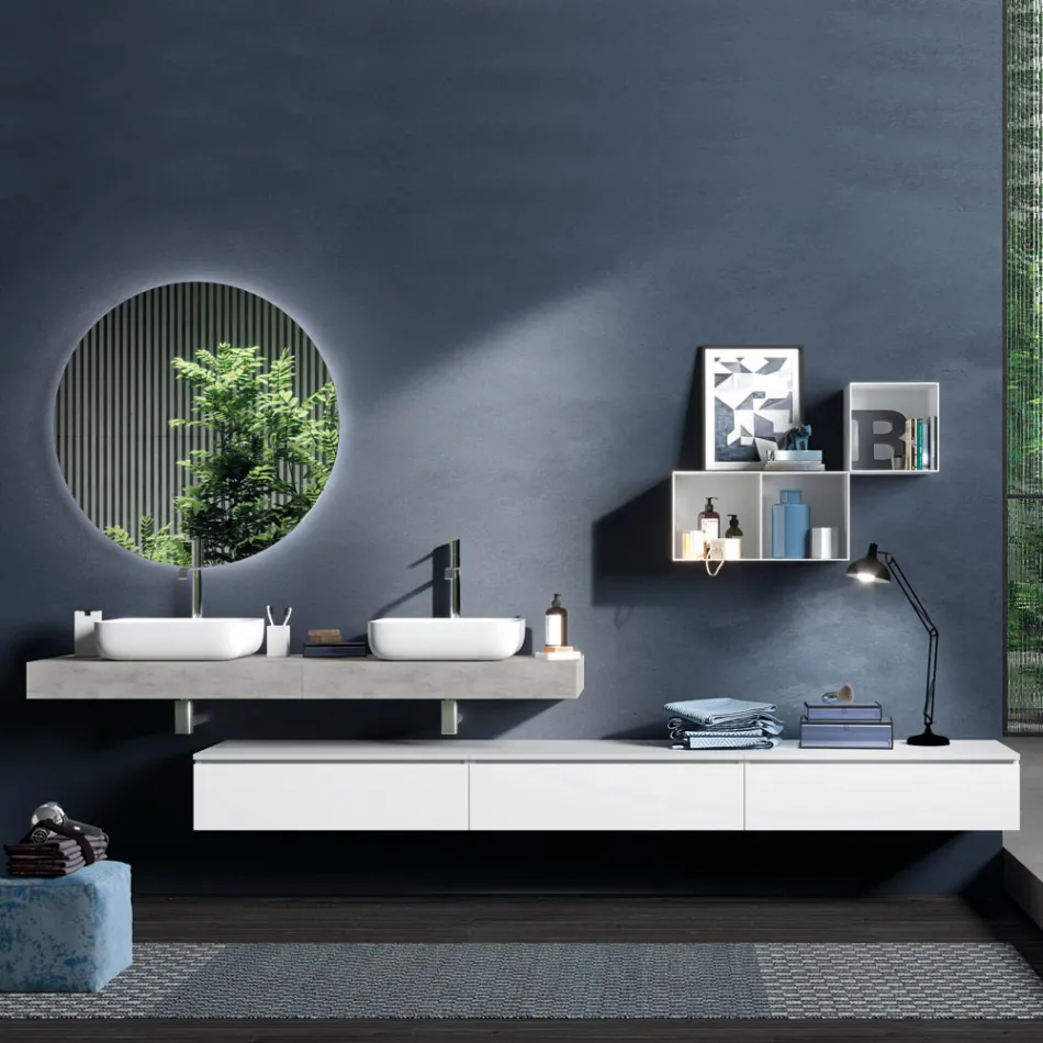 Composition Salle de Bain Couleur Béton et Blanc Mat avec Lavabo, Miroir et Socle - Palom Viadurini