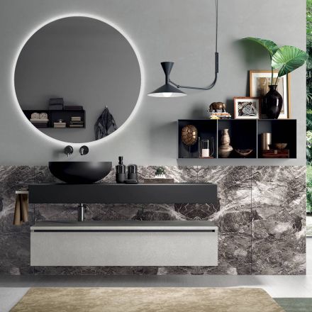 Composition de salle de bain complète avec miroir, lavabo, base et dessus Made in Italy - Palom Viadurini