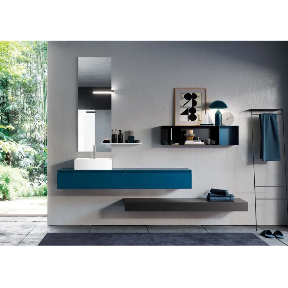 Composition de salle de bain complète avec miroir, lavabo en céramique Made in Italy - Palom Viadurini