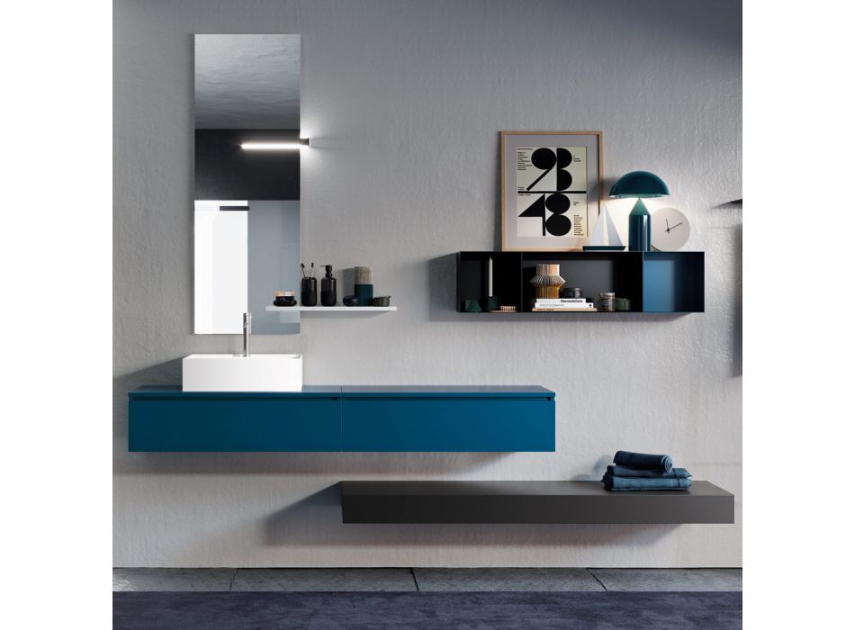 Composition de salle de bain complète avec miroir, lavabo en céramique Made in Italy - Palom Viadurini