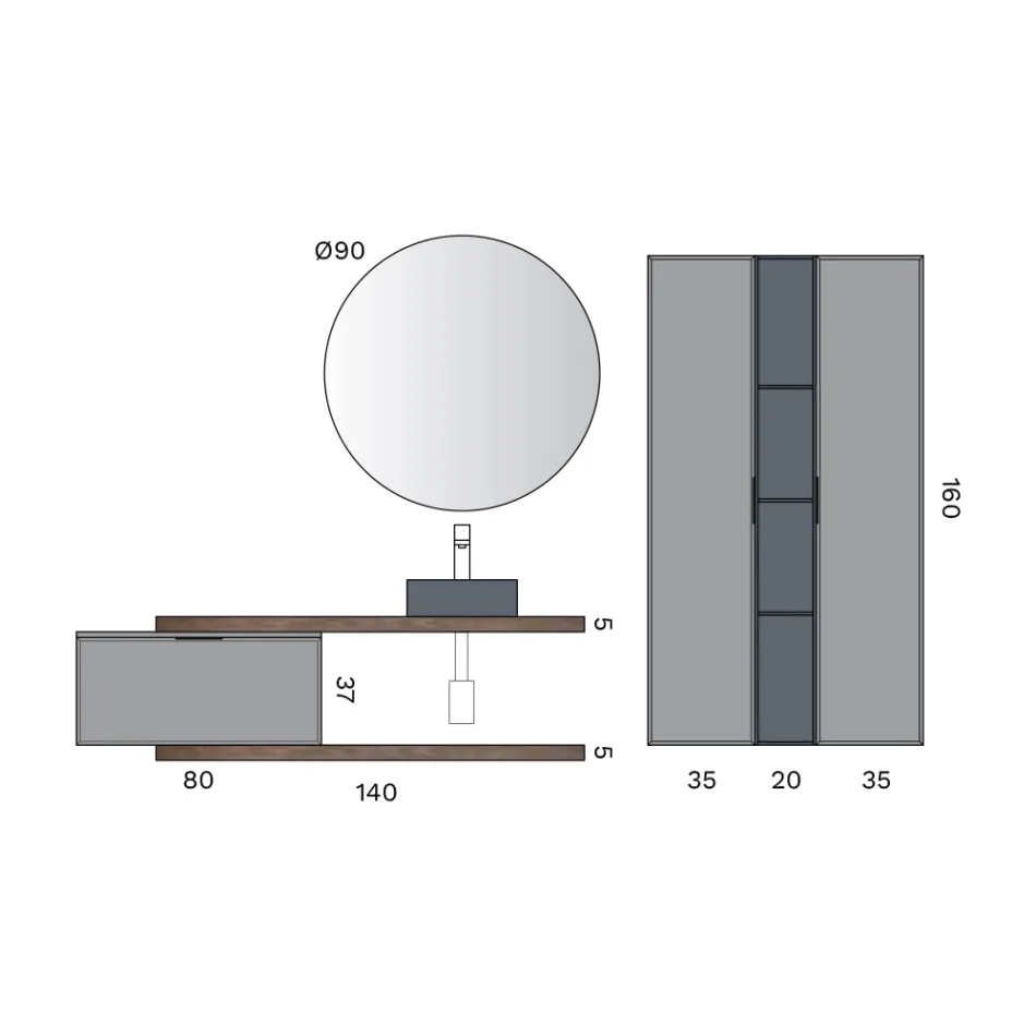 Composition de salle de bains comprenant 1 meuble sous-vasque avec 1 tiroir, lavabo et 2 colonnes - Orione Viadurini