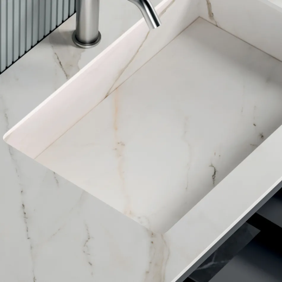 Composition de salle de bains avec 1 meuble bas, 1 tiroir, compartiment ouvert et miroir - Titan Viadurini