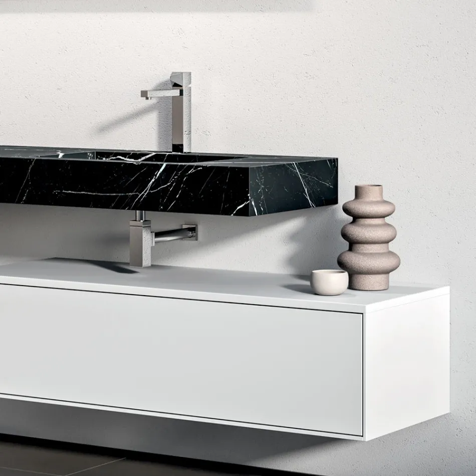 Composition de salle de bains avec 1 tiroir blanc, miroir et étagère Marquina HPL - Velaria Viadurini