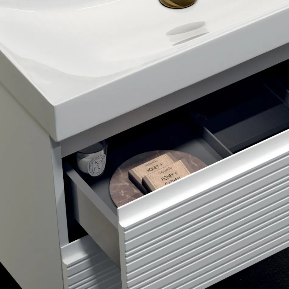 Composition de salle de bains avec 2 tiroirs blanc mat, lavabo et miroir - Elios Viadurini