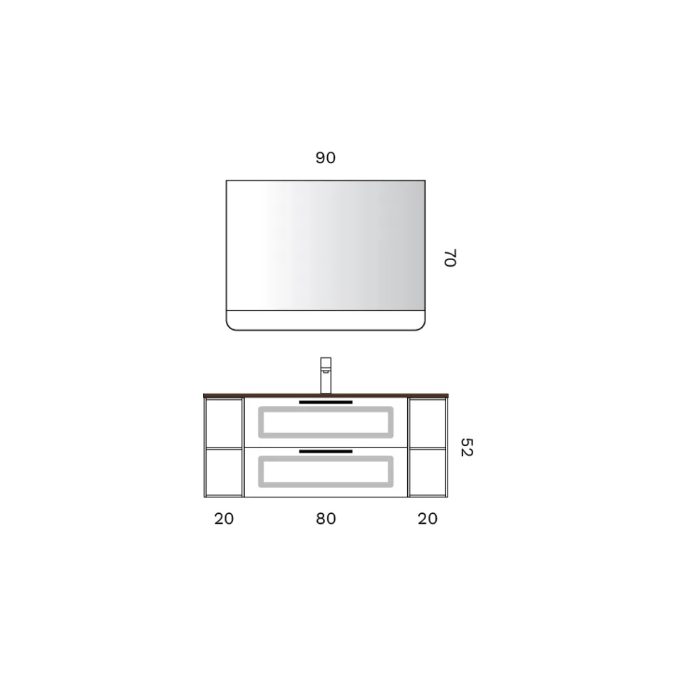 Composition de salle de bains avec 2 tiroirs et 2 compartiments ouverts, miroir et lavabo - Magnolia Viadurini