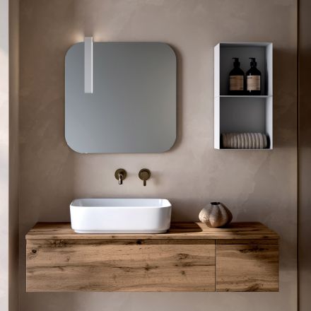 Composition de salle de bains avec 2 tiroirs en chêne, lavabo en céramique et miroir - Titan Viadurini