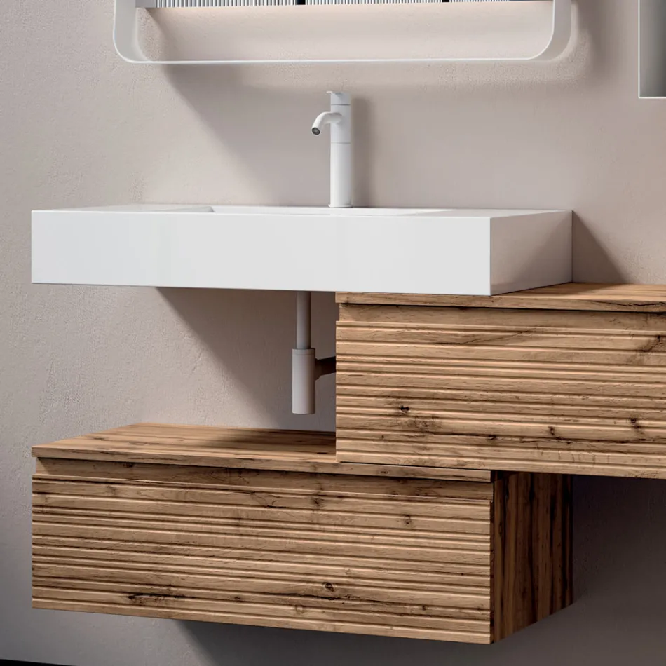 Composition de salle de bains avec 2 tiroirs, lavabo blanc, miroir et armoire murale - Elios Viadurini