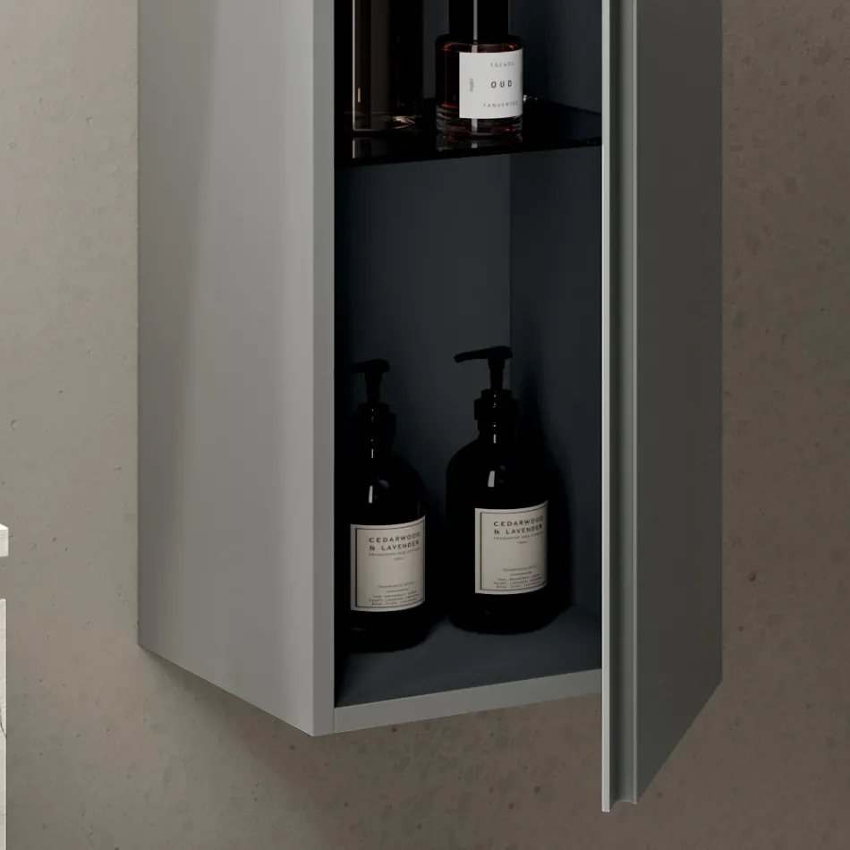 Composition de salle de bains avec 2 tiroirs, meuble mural, colonne et miroir - Titan Viadurini