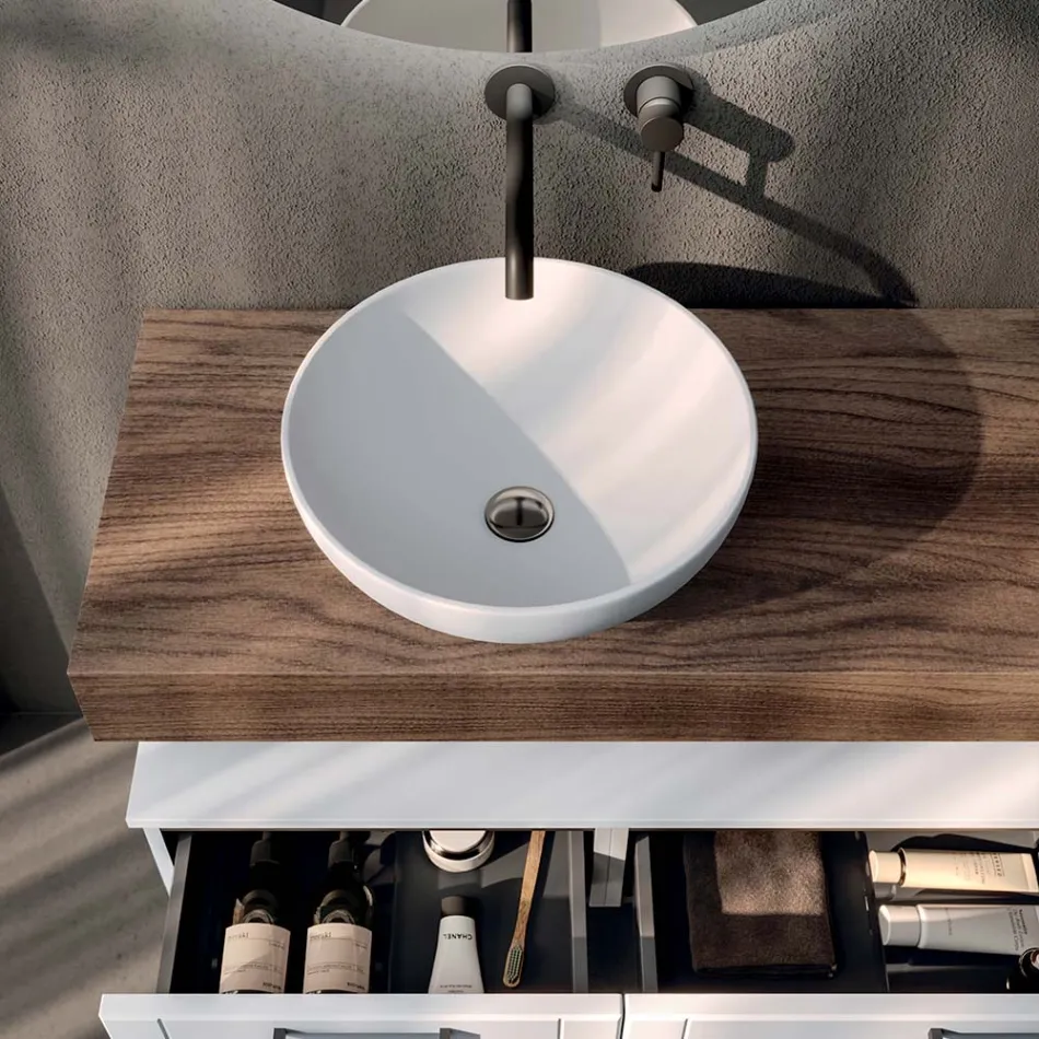 Composition de salle de bain avec 2 tiroirs, miroir et lavabo en résine blanche - Magnolia Viadurini