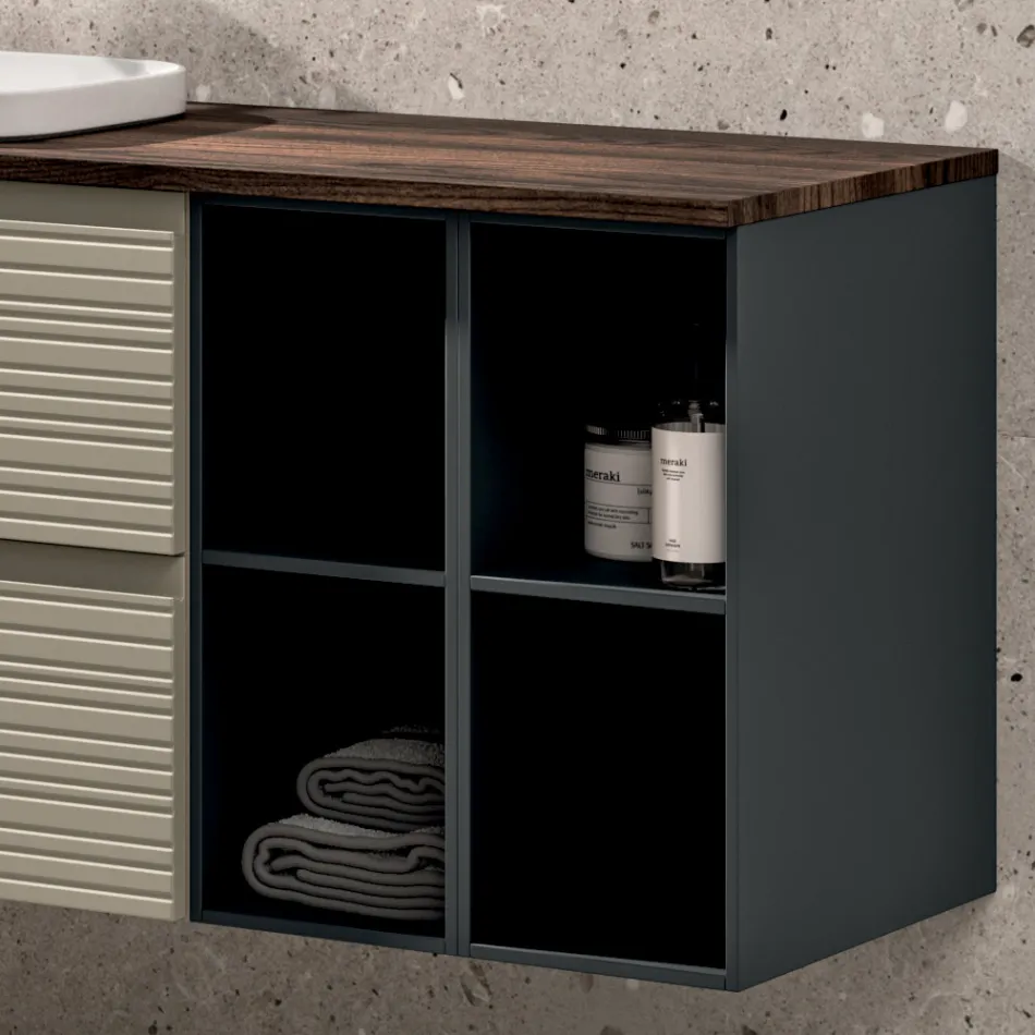 Composition de salle de bains avec 4 tiroirs, lavabo, miroir et étagères ouvertes - Elios Viadurini