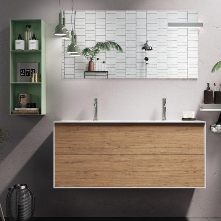 Composition de salle de bain avec base en chêne miel, lavabo et miroir Made in Italy - Kilos Viadurini