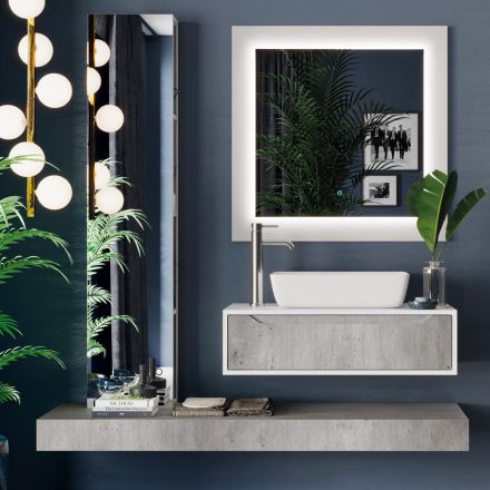 Composition de salle de bain avec base, dessus, lavabo et colonne miroir Made in Italy - Polsen Viadurini
