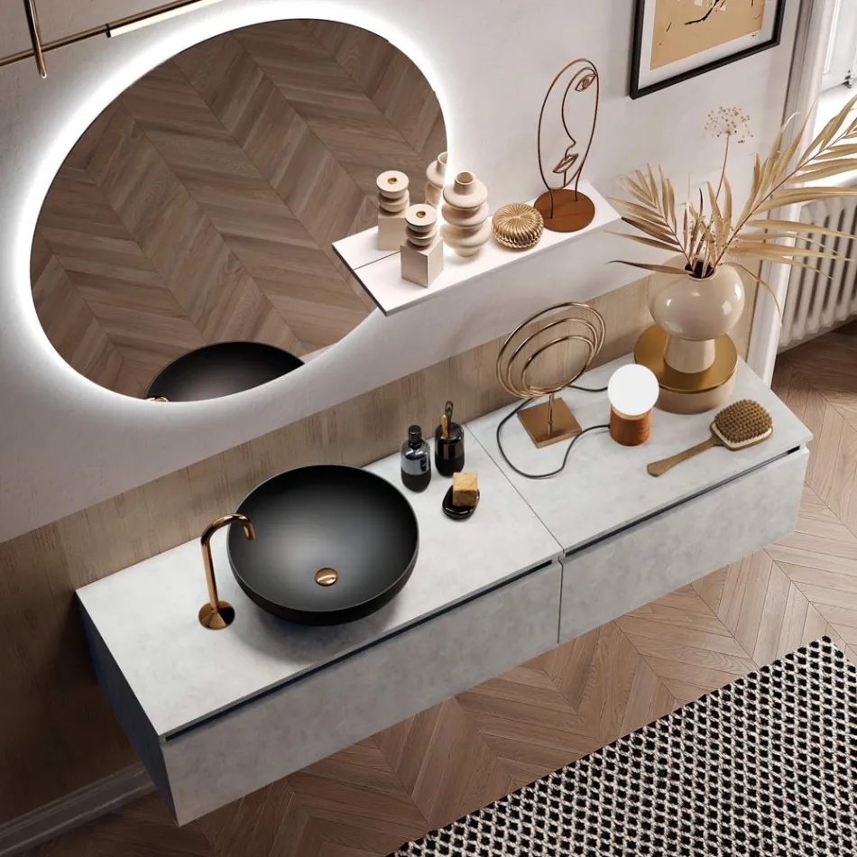 Composition de salle de bain avec lavabo, base suspendue et miroir Made in Italy - Dream Viadurini