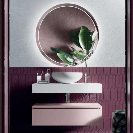 Composition de salle de bain avec lavabo en résine et miroir Made in Italy - Palom Viadurini