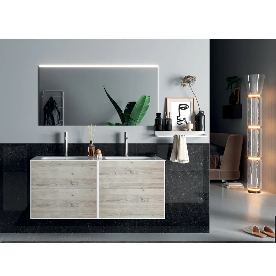 Composition de salle de bain avec miroir, double vasque et base Made in Italy - Kilos Viadurini