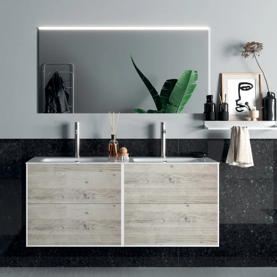 Composition de salle de bain avec miroir, double vasque et base Made in Italy - Kilos Viadurini