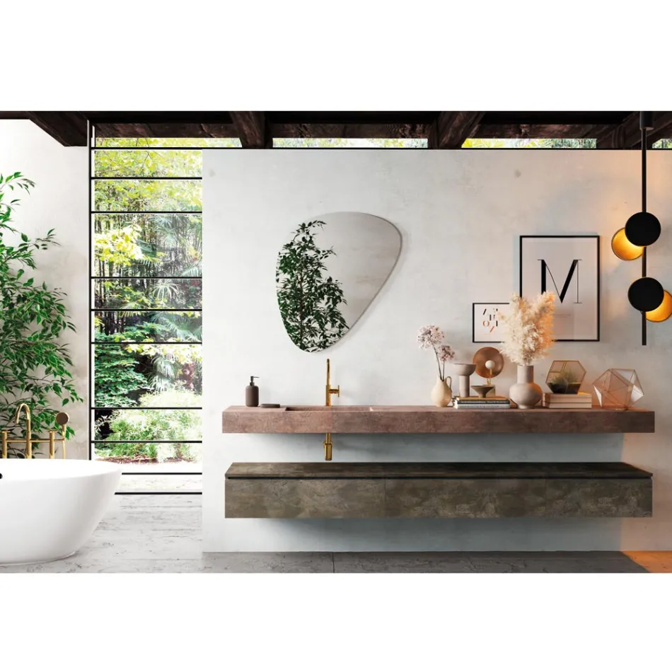 Composition de salle de bain avec miroir moderne et lavabo console Made in Italy - Palom Viadurini