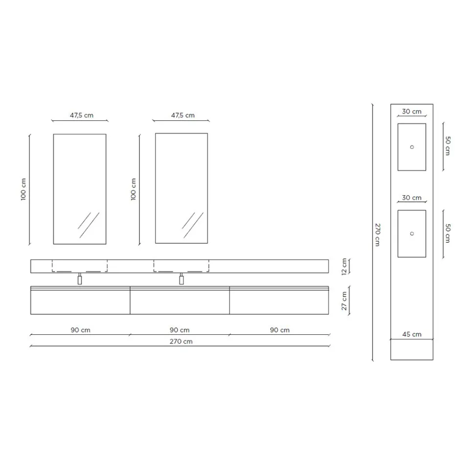 Composition de salle de bain double avec miroir rectangulaire et lavabo Made in Italy - Palom Viadurini